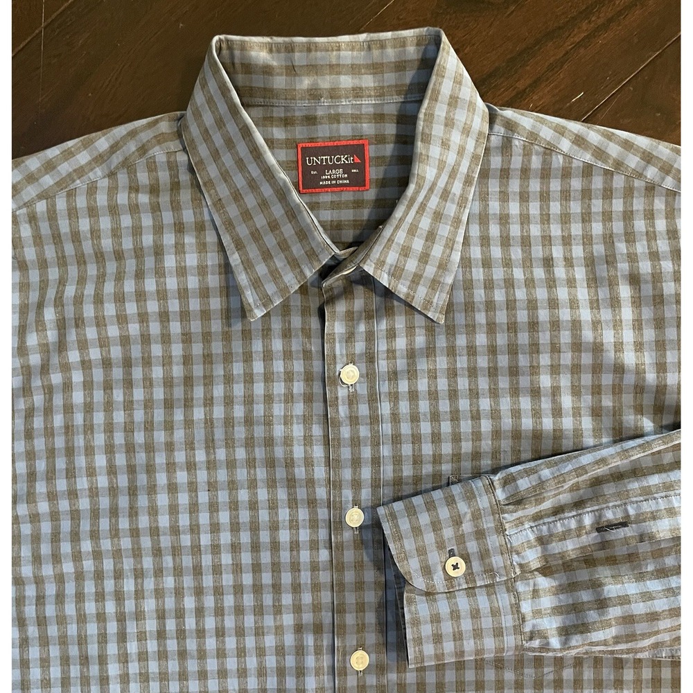 UNTUCKit Button Down Mens Large Blue Grey Gingham Check Long Sleeve Shirt Career